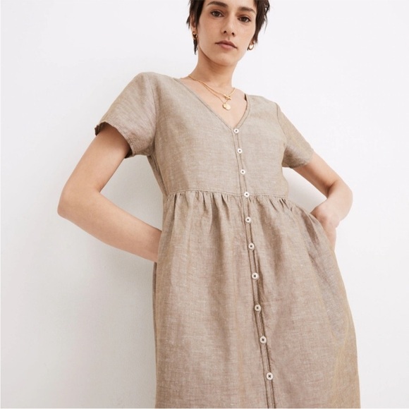 Madewell Neutral Taupe Linen Babydoll Dress Button Details Size Large - Picture 1 of 7